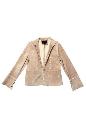Bernardo tan suede leather whipstitch jacket size large patchwork bell sleeves